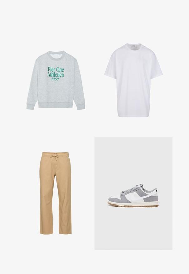 Sivi dukserica s okruglim izrezom, s zelenim izvezenim natpisom: "Pier One Athletics 1968" sprijeda. Dugi rukavi, rebraste manžete.; Bijela pamučna majica s kratkim rukavima, zaobljenim izrezom, opuštenog kroja, bez vidljivih logotipa ili uzoraka. Glatka tekstura i minimalni dizajn.; Bež pamuk hlače ravnog kroja s elastičnim pojasom i šniranjem. Ima bočne džepove i glatku teksturu.; Sivi i bijeli tenisice s gornjištem od antilopa i kože, okruglim vrhom, ravnim vezicama i gumenim potplatom s dodatkom boje gume.