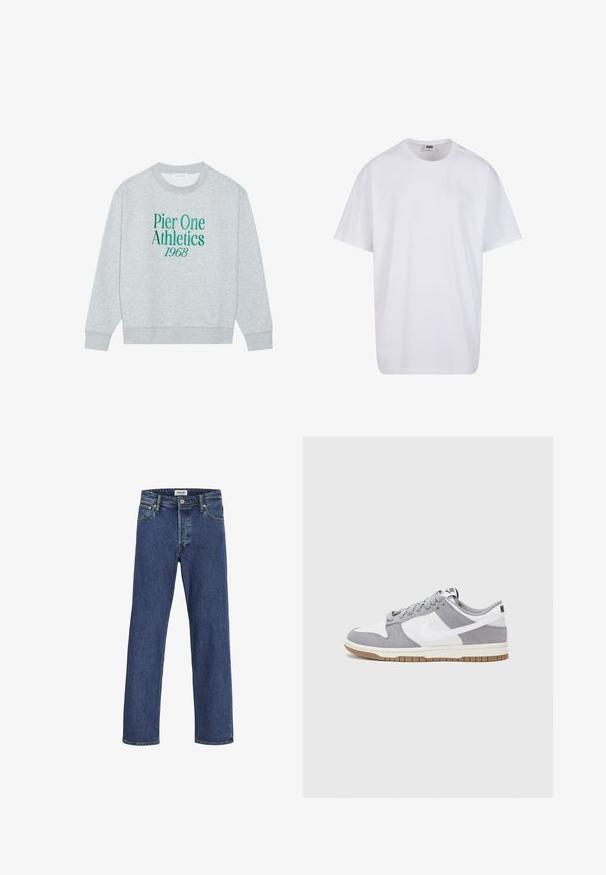 Felpa grigia con colletto rotondo, caratterizzata da testo ricamato verde: "Pier One Athletics 1968" sulla parte frontale. Maniche lunghe, polsini a costine.; Maglietta bianca in cotone con maniche corte, scollatura rotonda, vestibilità comoda e senza loghi o motivi visibili. Texture liscia e design minimale.; Jeans in denim blu scuro con un taglio a gamba dritta, cuciture visibili e design a cinque tasche; presentano una chiusura con zip e un'etichetta in pelle.; Le sneakers Nike presentano una tomaia in camoscio grigio e pelle bianca con perforazioni, lacci rotondi e una suola in gomma per una migliore aderenza.