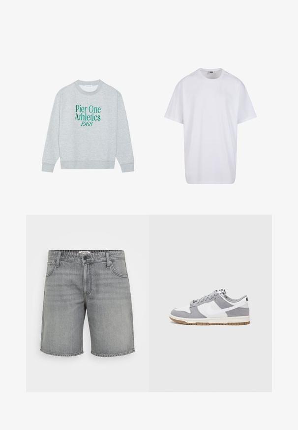 Harmaa college-paita pyöreällä kauluksella, jossa on vihreä brodeerattu teksti: "Pier One Athletics 1968" edessä. Pitkät hihat, resorit hihansuissa.; Valkoinen puuvillainen t-paita, jossa on lyhyet hihat, pyöreä kaula-aukko, rento istuvuus ja ei näkyviä logoja tai kuvioita. Sileä pinta ja minimaalinen muotoilu.; Harmaa farkkushortsit klassisella leikkauksella, viisi taskua ja vakiopainike- ja vetoketjukiinnitys. Hieman haalistunut pinta, siisti helma.; Harmaa ja valkoinen lenkkari, jossa on mokka- ja nahkapinta, pyöreä kärki, litteät nauhat ja kumipohja, jossa on vaahtomuoviväri.