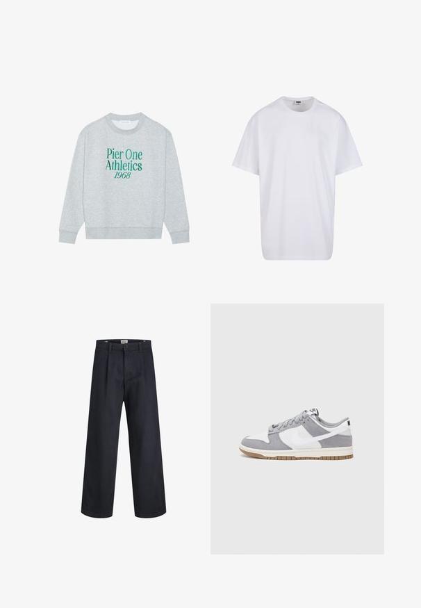Sivij sweatshirt s krojem okoli vratu, ki na sprednji strani vsebuje zeleno vezeno besedilo: "Pier One Athletics 1968". Dolgi rokavi, rebrasti manšeti.; Bela bombažna majica s kratkimi rokavi, okroglim izrezom, sproščenim krojem in brez vidnih logotipov ali vzorcev. Gladka tekstura in minimalen dizajn.; Temno modri široki hlače iz tkanine, ki imajo zapiranje na gumb in nabran sprednji del. Gladka tekstura, brez vidnih vzorcev.; Sive in bele teniske s suknim in usnjem zgornjim delom, zaobljenim nosom, ravnimi vezalkami in gumijastim podplatom z dodatkom gumijaste barve.