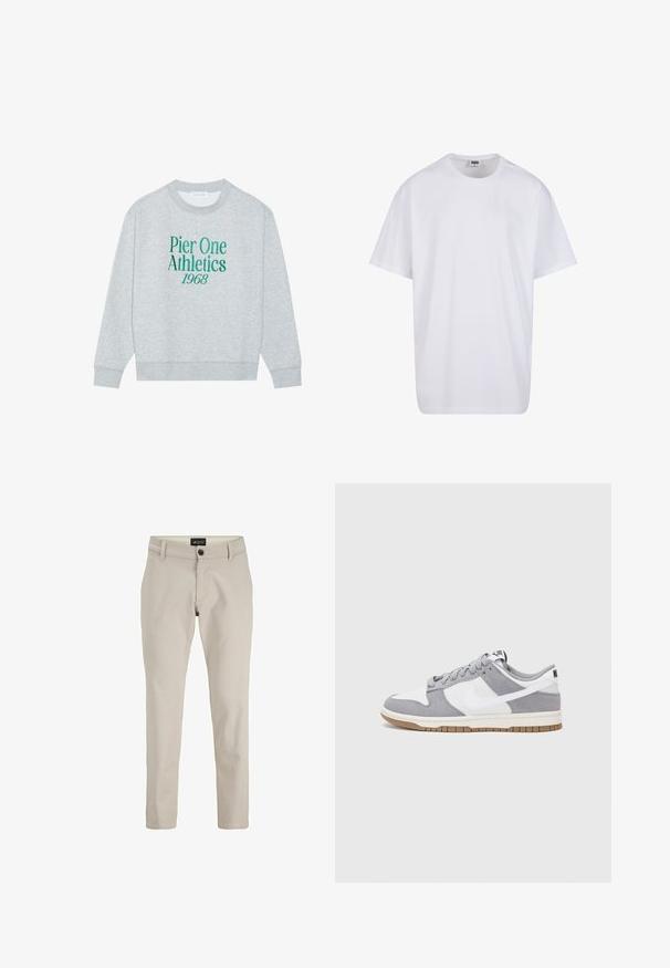 Šedá mikina s kulatým výstřihem, na přední straně s zeleným vyšitým textem: "Pier One Athletics 1968". Dlouhé rukávy, žebrované manžety.; Bílé triko z bavlny s krátkým rukávem, kulatým výstřihem, volným střihem a bez viditelných log či vzorů. Hladká textura a minimalistický design.; Béžové bavlněné chinos kalhoty s rovnými nohavicemi, vybavené předním zapínáním na knoflík a poutky na opasek. Hladká textura, minimalistický styl.; Šedé a bílé tenisky s svrškem z jemné kůže a kůže, kulatou špičkou, plochými tkaničkami a gumovou podrážkou s akcentem v barvě gumy.