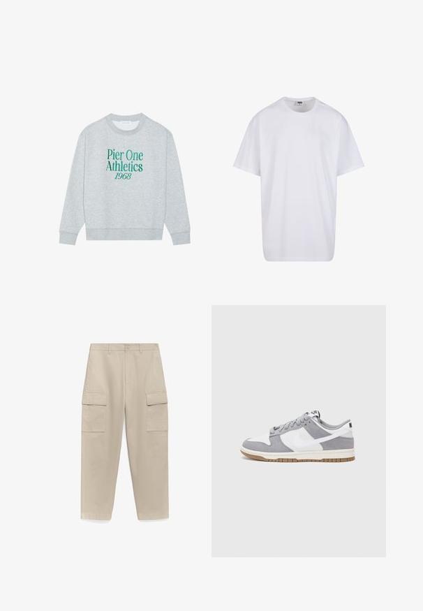 Gray sweatshirt with a crew neck, featuring green embroidered text: "Pier One Athletics 1968" on the front. Long sleeves, ribbed cuffs.; White cotton t-shirt with short sleeves, rounded neckline, relaxed fit, and no visible logos or patterns. Smooth texture and minimal design.; Beige cargo pants with a straight-leg design, featuring two large side pockets and a button closure at the waist. Smooth cotton fabric.; Gray and white sneaker with a suede and leather upper, rounded toe, flat laces, and a rubber sole featuring a gum accent.