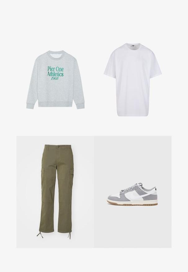 Šedá mikina s kulatým výstřihem, na přední straně s zeleným vyšitým textem: "Pier One Athletics 1968". Dlouhé rukávy, žebrované manžety.; Bílé triko z bavlny s krátkým rukávem, kulatým výstřihem, volným střihem a bez viditelných log či vzorů. Hladká textura a minimalistický design.; Olivové cargo kalhoty se středním střihem, které mají dvě boční kapsy a nastavitelné tkaničky na manžetách. Vyrobeny z odolného materiálu.; Šedé a bílé tenisky s svrškem z jemné kůže a kůže, kulatou špičkou, plochými tkaničkami a gumovou podrážkou s akcentem v barvě gumy.