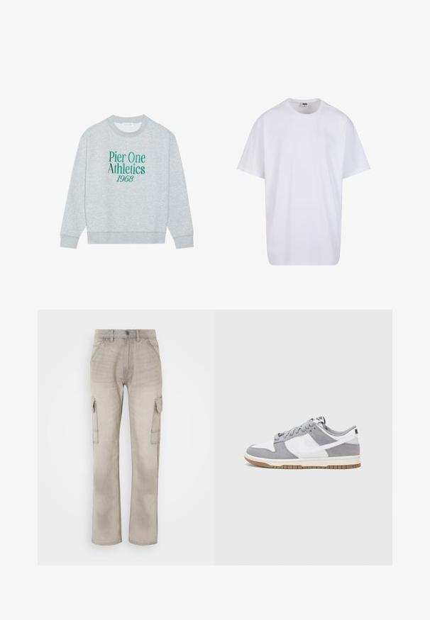Sivý sveter s kruhovým výstrihom, na prednej strane s zeleným vyšitým textom: "Pier One Athletics 1968". Dlhé rukávy, rebrované manžety.; Biela bavlnená tričko s krátkymi rukávmi, okrúhlym výstrihom, uvoľneným strihom a žiadnymi viditeľnými logami alebo vzormi. Hladká textúra a minimálny dizajn.; Bežové cargo nohavice vyrobené z denimu, s dvoma bočnými vreckami, rovný strih a viditeľné švy. Textúrovaný povrch s vyblednutým vzhľadom.; Sivé a biele tenisky s vrchom z semišu a kože, zaoblenou špičkou, plochými šnúrkami a gumovou podrážkou s akcentom vo farbe gumy.