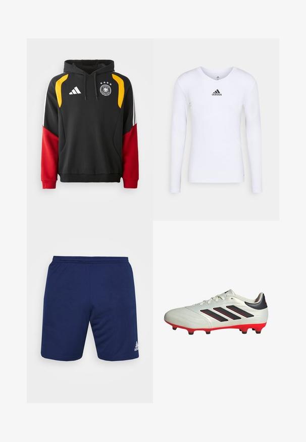 Sudadera negra con acentos rojos y amarillos, que presenta un bolsillo frontal, capucha con cordón y el emblema del fútbol alemán con tres estrellas.; Camiseta deportiva de manga larga blanca, fabricada con material suave, que presenta un logo negro de Adidas en el pecho; diseño de cuello en V y forma ajustada.; Pantalones cortos deportivos de color navy, hechos de un tejido transpirable. Cuentan con una cintura elástica y el logo de Adidas en blanco en la esquina inferior derecha.; Botas de fútbol blancas con acentos negros y suela roja. Presentan tres rayas negras en el lateral y una parte superior de textura suave.