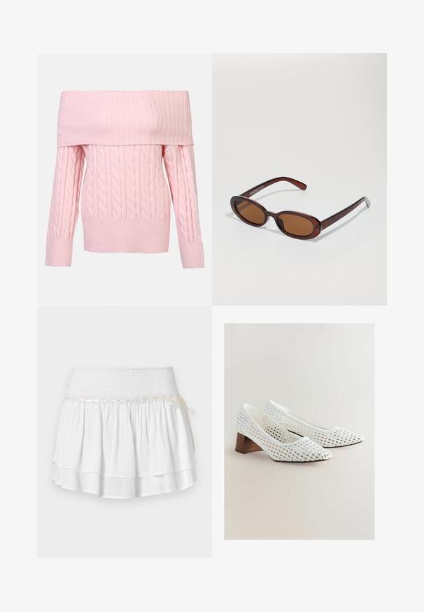 Ružičasti pulover bez ramena s rebrastim ovratnikom, uzorkom pletenice i dugim rukavima. Mekana tekstura i krojeni fit.; Bijela suknja sa slojevima i elastičnom futrom, s teksturiranim detaljem smockinga i dekorativnom vrpcom. Pamuk.; Bijele pletene cipele s uskim vrhom i niskim drvenim potplatom. Tekstura je otvorena, prikazujući složene uzorke.; Okvir okruglih, smeđkastih sunčanih naočala s sjajnim burgundskim okvirom. Uski nositelji s suptilnim brendiranjem. Ravna leća.