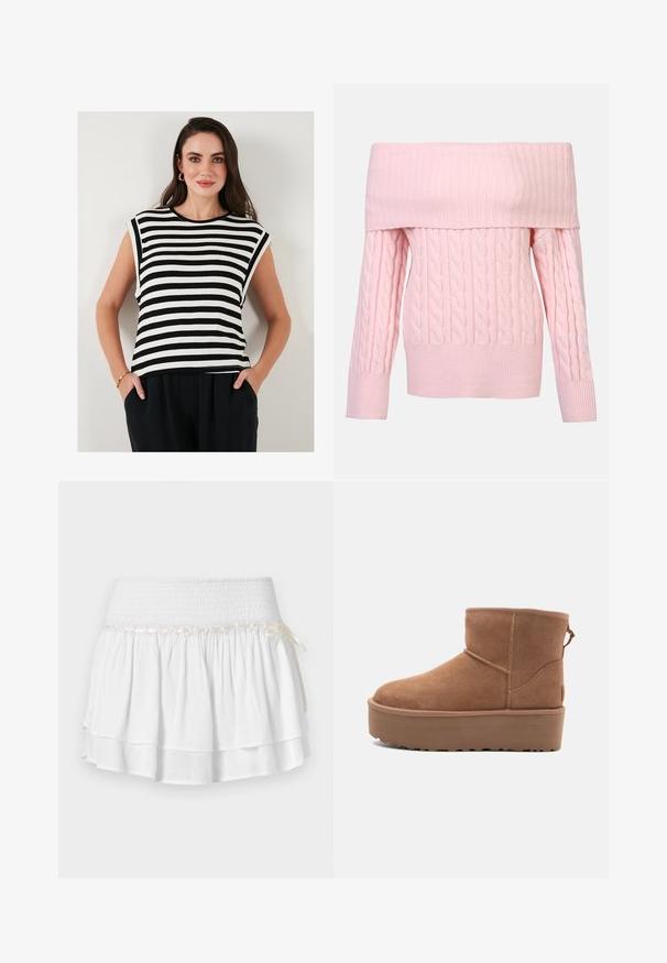 Õlavarrelt kukkuv roosa sweater, millel on soonikkoes kaelus, nöörkudumise muster ja pikad varrukad. Pehme tekstuur ja lühike lõige.; Mustvalge triibuline lühikeste varrukate ja ümarate kaelustega topp, mis on lõdva istuvusega. Omab sileda tekstuuri ja külgedel otsad.; Valge kihiline seelik elastse vöökoht, millel on tekstureeritud smocking detail ja dekoratiivne paela aktsent. Puuvillane kangas.; Kohvatooni nubukist põlvikute saapad platvormsööl with ümmarguse varbaga ja õmblusteenustega; seljal on kinnitusling, mis tagab mugava jalga panemise.