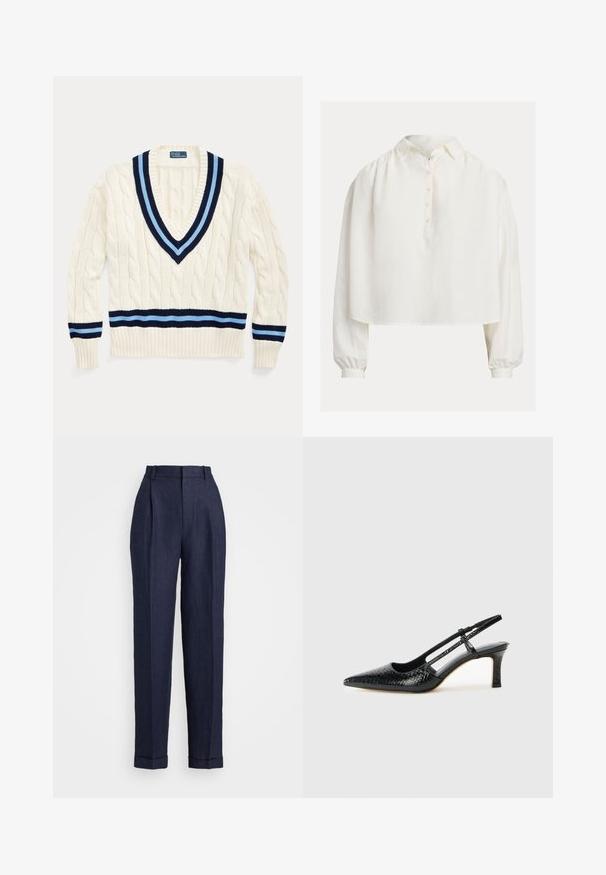 Krem pulover z pletenico in V-izrezom, ki ima mornarsko modre in svetlo modre črte na ovratniku in spodnjem robu.; Bela srajca z gumbi, ovratnik, krajšega kroja in dolgimi napihnjenimi rokavi. Izdelana iz mehkega blaga z gladko teksturo.; Polo Ralph Lauren HERRINGBONE LINEN TAPERED PANT - Hlače - navy; Črne lakaste slingback pete s koničastim nosom, ki imajo teksturiran vzorec kačje kože, nastavljiv trak in kratek teksturiran blok peto.