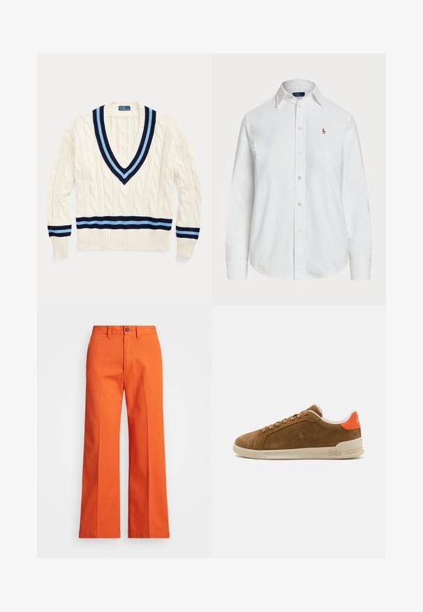 Cremefarbener Kabelstrickpullover mit V-Ausschnitt, der marineblaue und hellblaue Streifen am Kragen und am unteren Saum aufweist.; Weißes Button-Down-Hemd aus Baumwolle mit klassischem Kragen, langen Ärmeln und kleinem gesticktem Logo auf der Brust. Strukturiertes Material.; Oranger weit geschnittener Hosen aus Baumwolle. Mit vorderen Taschen und Knopfverschluss. Glatte Textur, saubere Nähte und maßgeschneidertes Design.; Braune Wildleder-Sneaker mit einer cremefarbenen Gummisohle, die orangefarbene Akzente an der Ferse und ein kleines Logo-Detail an der Seite aufweist.