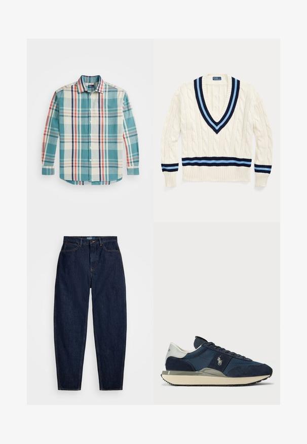 Kremasti pulover od pletenog uzorka s V-izrezom, koji ima tamnoplave i svijetloplave pruge na ovratniku i donjem rubu.; Košulja na dugih rukava od tkanine s uzorkom, koja kombinira tirkiznu, krem, tamnoplavu i crvenu kariranu šaru. Ima otvoreni ovratnik i duge rukave.; Tamno plave traperice ravnog kroja, s narančastim šavovima, prednjim gumbom za zatvaranje i pet džepova.; Mornarsko plavi nubuk i mrežasti tenisice s bijelim i sivim petama, ravnim vezicama i teksturiranim potplatom. Ima logo na strani.
