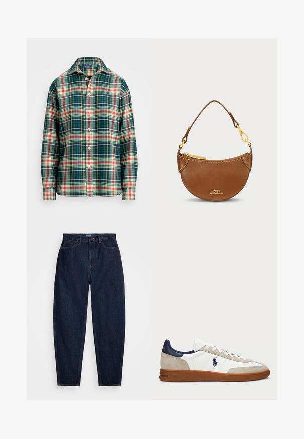 Krémový svetr s kabelovým pletením a výstřihem do V, se námořnickými a světle modrými pruhy na límci a spodním lemu.; Košile s dlouhým rukávem, zapínání na knoflíky, v zeleno-námořnickém, bílo-oranžovo-žlutém tartanovém vzoru, s rozhaleným límcem a malým vyšívaným logem na hrudi.; Tmavě modré džíny s rovnou nohavicí, se oranžovým prošíváním, předním zapínáním na knoflík a pěti kapsami.; Bílé a béžové tenisky s svrchní částí z kůže a nubuku, námořnickými akcenty a hnědou gumovou podrážkou. Obsahují logo na boku a šněrovací design.; Hnědá kožená taška s zakřiveným tvarem a zlatými kovovými detaily. Obsahuje horní zip a vyražené logo na přední straně. Součástí je krátké držadlo.