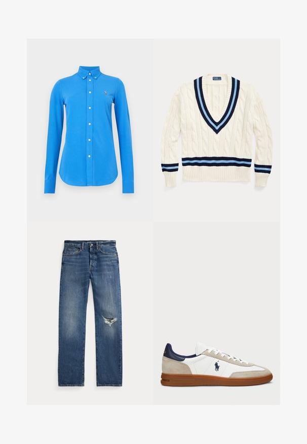 Kreemivärvi nööriga kudum, millel on V-kaelus, ja mis sisaldab tumesiniseid ja helesiniseid triibusid krae ja alumise äärise peal.; Sinine pikkade varrukatega särg, millel on nööbitav krae, valgete nööpide ja vasakul rinnal väikese tikitud logoga. Sile kangapind.; Sinine denim-püksid keskmise talje kõrgusega, viie taskuga ja kulunud rebendiga paremas põlves.; Valged ja beežid sneakers, mille pealis on valmistatud nahast ja sugudest, mereväe aktsentidega ning pruuni kummitaldaga. Omab logot külgedel ja paeltega disaini.