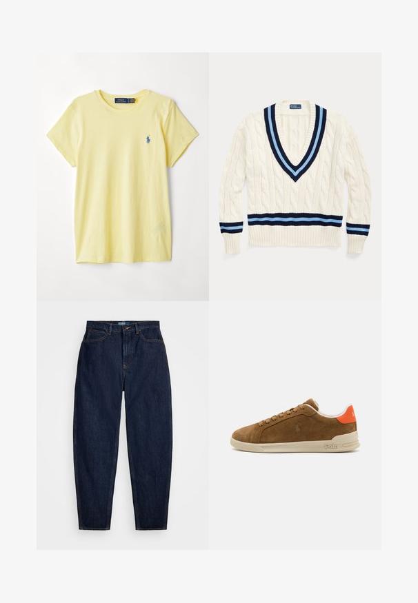 Kremfarget kabelstrikket genser med V-hals, med marineblå og lyseblå striper på kragen og nederste kant.; Gul bomull t-skjorte med rund hals. Har en liten blå brodert logo på venstre bryst. Korte ermer og avslappet passform.; Mørkeblå denimjeans med rett benpassform, med oransje sømmer, frontknappelukking og fem lommer.; Brune semskede sneaker med en kremfarget gummisåle, med oransje detaljer på hælen og en liten logo-detalj på siden.