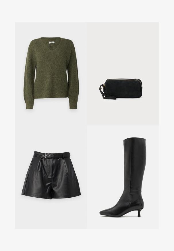 JDY JDYINGEBORG ADA ciemnobrązowy; Vero Moda - Szorty; Zign - Kozaki; Czarna zamszowa kopertówka z zapięciem na zamek i odpinanym paskiem na nadgarstek. Wyposażona w elementy w kolorze złotym oraz gładką, matową fakturę.