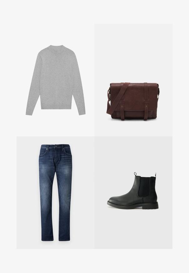 Jasnoszary sweter z długim rękawem i okrągłym dekoltem, z prążkowanym kołnierzem, mankietami i dołem, leżący na białym tle.; Granatowe dżinsy z prostymi nogawkami, z przetarciami, pięcioma kieszeniami i widocznymi przeszyciami wzdłuż szwów.; Czarne skórzane botki typu chelsea z elastycznymi panelami bocznymi, uchwytami, okrągłym noskiem i teksturowaną gumową podeszwą. Gładka powierzchnia i solidna konstrukcja.; Brązowa skórzana torba na ramię z płaskim klapem z przodu, dwoma paskami, złotymi akcentami oraz regulowanym paskiem na ramię.