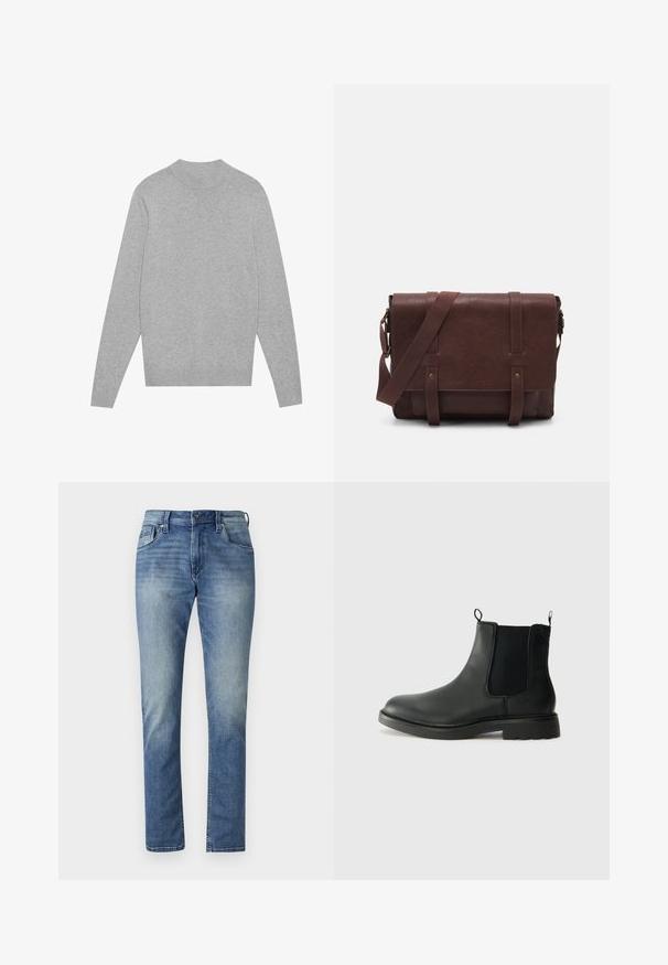 Light grey long-sleeve crewneck sweater with ribbed collar, cuffs, and hem, laid flat on a white background.; Light blue denim jeans with a straight cut, five pockets, and a faded wash. Features a button closure and belt loops.; Black leather chelsea boots with elastic side panels, pull tabs, rounded toe, and textured rubber sole. Smooth surface and sturdy design.; Brown leather messenger bag with a flat front flap, two straps, gold hardware accents, and an adjustable shoulder strap.
