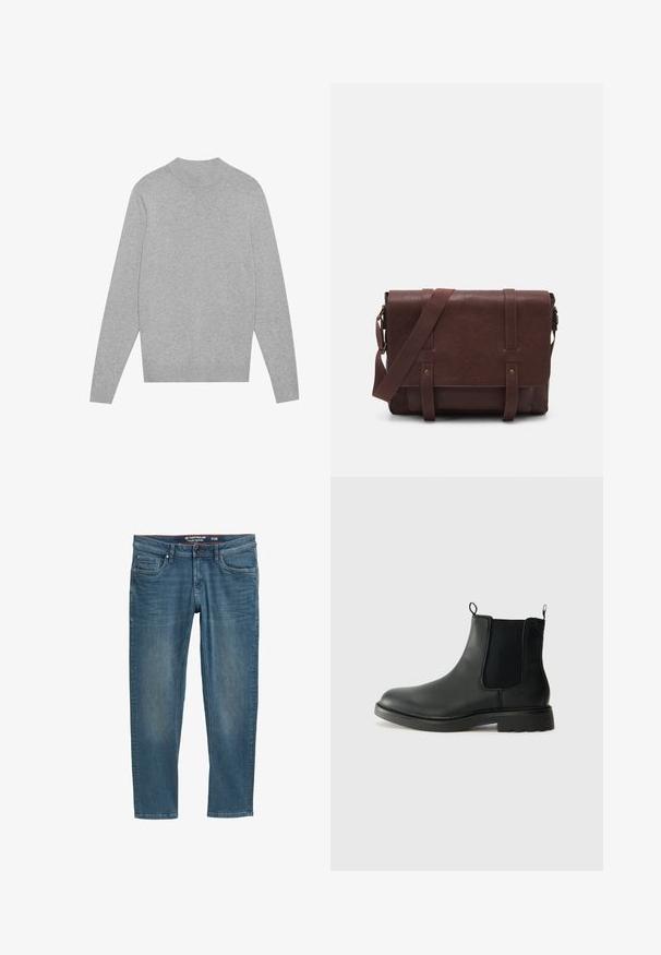 Pulover lung cu mâneci lungi, de culoare gri deschis, cu guler, manșete și tiv ribbrate, întins pe un fundal alb.; Jeans din denim albastru cu o croială îngustă, design cu cinci buzunare și o talie interioară roșie. Prezintă o etichetă cu logo pe buzunarul din spate.; Bocanci Chelsea din piele neagră, cu panouri laterale elastice, mânere de prindere, vârf rotunjit și talpă din cauciuc texturat. Suprafață netedă și design robust.; Geantă de umăr din piele maro, cu un capac frontal plat, două curele, accente din hardware auriu și o curea de umăr reglabilă.