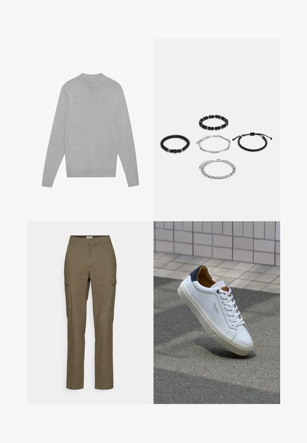 Világosszürke, hosszú ujjú, kerek nyakú pulóver bordás gallérral, mandzsettával és alsó szegéllyel, fehér háttérre fektetve.; Olive zöld cargo nadrág egyenes szárakkal, két oldalsó zsebbel, gombos záródással és texturált anyaggal.; Fehér bőr sneaker sötétkék sarkúval, kerek orral és kontrasztos barna részletekkel. Lapított fűzőkkel és textúrált gumitalppal rendelkezik.; Öt karkötő: két fekete gyöngy karkötő, egy textúrált fekete zsinór, egy ezüst lánc és egy állítható záras fekete fonott zsinór.