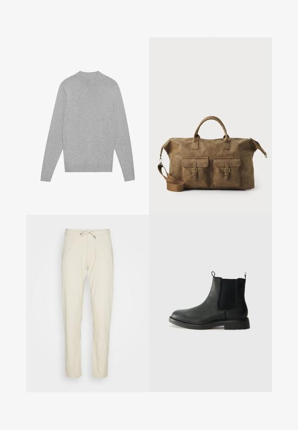 Maglione grigio chiaro a maniche lunghe con scollatura rotonda, colletto, polsini e bordo a costine, posato su uno sfondo bianco.; Pantaloni beige realizzati in tessuto leggero, con vita regolabile, taglio affusolato e gambe dritte, caratterizzati da una texture liscia.; Stivali Chelsea in pelle nera con pannelli laterali elasticizzati, linguette, punta arrotondata e suola in gomma testurizzata. Superficie liscia e design robusto.; Borsa da viaggio in pelle marrone con due tasche frontali, tracolla regolabile, hardware dorato e manici superiori robusti. Texture liscia.
