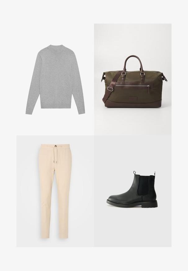 Suéter de cuello redondo de manga larga en gris claro, con cuello, puños y dobladillo acanalados, colocado sobre un fondo blanco.; Pantalones beige ajustados, hechos de una tela suave, con una cinturilla elástica y cordón de ajuste, y un único bolsillo frontal. Textura suave y diseño sutil.; Botas Chelsea de cuero negro con paneles laterales elásticos, lengüetas para tirar, puntera redondeada y suela de goma texturizada. Superficie lisa y diseño robusto.; Bolsa de lona tipo duffel en color verde oliva con acentos de cuero marrón, que presenta asas dobles, una correa de hombro desmontable y un bolsillo con cremallera en la parte frontal.