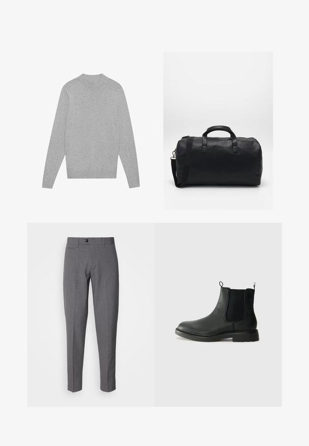Light grey long-sleeve crewneck sweater with ribbed collar, cuffs, and hem, laid flat on a white background.; Gray tailored trousers with a smooth texture, featuring a single button closure, front pockets, and a slim fit design.; Black leather chelsea boots with elastic side panels, pull tabs, rounded toe, and textured rubber sole. Smooth surface and sturdy design.; Black duffel bag made of textured synthetic material. Features two handles and an adjustable shoulder strap. Simple design with no visible patterns.
