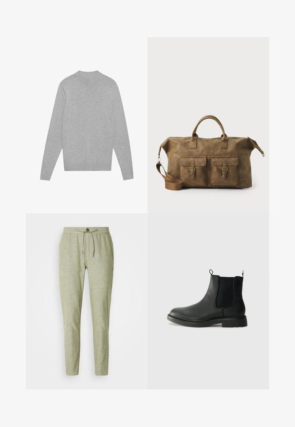 Svetlo sivo dolgi rokavi pulover s krožnim izrezom, z rebrastim ovratnikom, manšetami in robom, položen na beli podlagi.; Svijetlozeleni trenirka hlače od teksturirane tkanine, s elastičnim pojasom i vezicom te detaljem gumba sprijeda.; Črne usnjene čelija škornji z elastičnimi stranskimi paneli, zanka za poteg in zaobljenim nosom ter teksturiranim gumijastim podplatom. Gladka površina in trdna zasnova.; Rjav usnjen potovalni kovček z dvema sprednjima žepoma, nastavljivim ramenskim trakom, zlatim okovjem in trdnimi zgornjimi ročaji. Gladka tekstura.
