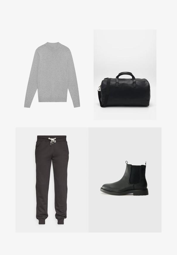 Suéter de cuello redondo de manga larga en gris claro, con cuello, puños y dobladillo acanalados, colocado sobre un fondo blanco.; Pantalones de chándal negros hechos de una tela suave, con una cintura elástica ajustable, bolsillos laterales y puños ajustados en los tobillos.; Botas Chelsea de cuero negro con paneles laterales elásticos, lengüetas para tirar, puntera redondeada y suela de goma texturizada. Superficie lisa y diseño robusto.; Bolsa de deporte negra hecha de material sintético texturizado. Cuenta con dos asas y una correa de hombro ajustable. Diseño sencillo sin patrones visibles.