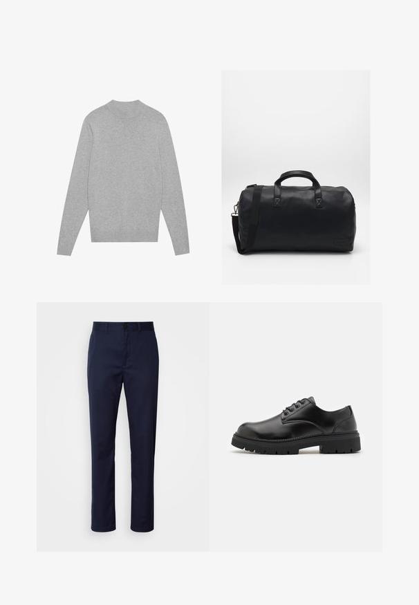Ljusgrå långärmad tröja med rund hals, med ribbadkrage, manschetter och nederkant, liggande platt på en vit bakgrund.; Marinblå byxor i bomullsblandning. Har raka ben, midja med bälteshällor och knappstängning fram.; Svarta läderskor med rund tå, snörningsdesign och en tjock, texturerad gummisula. Har sömmar längs kanten och en slät yta.; Svart Duffelväska gjord av texturerat syntetiskt material. Har två handtag och en justerbar axelrem. Enkel design utan synliga mönster.