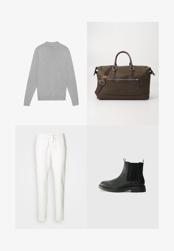 Pull en jersey à manches longues gris clair avec col, poignets et ourlet côtelés, posé à plat sur un fond blanc.; INDICODE JEANS Pantalon classique - offwhite; Bottines Chelsea en cuir noir avec des panneaux élastiques sur les côtés, des languettes de tirage, un bout arrondi et une semelle en caoutchouc texturée. Surface lisse et design robuste.; Sac de sport en toile vert olive avec des accents en cuir brun, équipé de deux poignées, d'une bandoulière amovible et d'une poche zippée à l'avant.