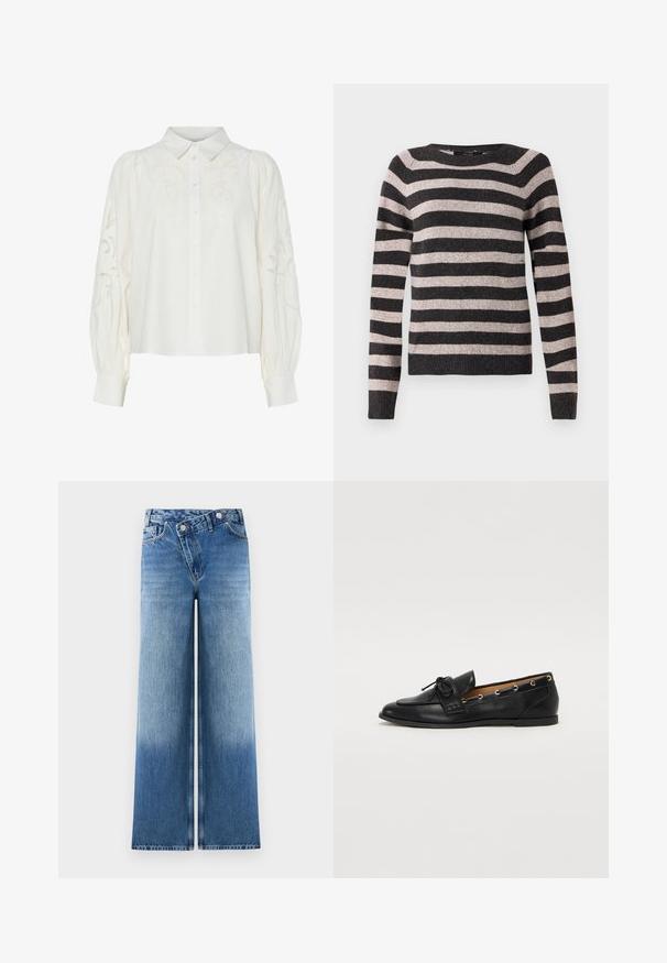 Μαύρο και μπεζ ριγωτό πουλόβερ, στρογγυλή λαιμόκοψη, μακριά μανίκια, ριμπ φινίρισμα, μαλακή υφή, με ομοιόμορφα τοποθετημένες οριζόντιες ρίγες.; Λευκό πουκάμισο με κουμπιά και κεντημένα λουλουδάτα σχέδια στο μπροστινό μέρος και στα μανίκια. Διαθέτει φουσκωτά μανίκια και κλασικό γιακά.; Ανοιχτό μπλε παντελόνια καμπάνα με ξεθωριασμένο φινίρισμα, διαθέτουν κλασικό σχέδιο πέντε τσεπών και μεταλλικά κουμπιά στη μέση.; Μαύρες δερμάτινες μπαλαρίνες με σφιχτό φιόγκο, με χρυσές οπές στα πλάγια και επίπεδη ελαστική σόλα. Λείος υφής, κλασικός σχεδιασμός.