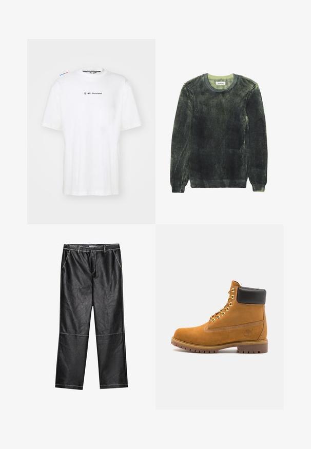 Tamsiai žalia raukinėta megzta suknelė su minkšta tekstūra, apvalia iškirpte ir ilgomis rankovėmis. Yra šviesiai žalios detalės ant iškirptės ir kraštų.; Balta medvilninė marškinėliai su trumpomis rankovėmis, žyminčiais nedidelį juodą "BMW Motorsport" logotipą ir spalvotais akcentais ant pečių.; Juodos dirbtinės odos kelnės, plačios klešnės, su siuvimo detalėmis ir priekinėmis kišenėmis, turinčios lygią, šiek tiek blizgią struktūrą.; Tan spalvą turintys suknelės batus iki kulkšnies su juodu paminkštintu apvadu, auksiniais metaliniais akių užsegimais, baltais siūlų dekoratyviniais elementais ir tvirtu guminiu padu su ryškiai išreikštais raštais.