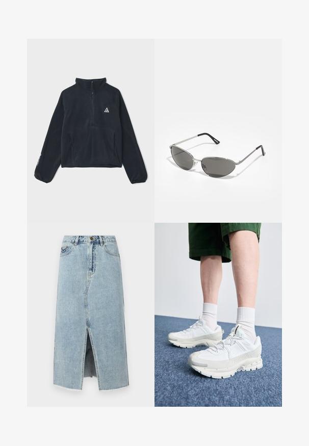 Juodas poliarinis megztinis su puse užtrauktuko apykakle, ilgomis raglan rankovėmis, dviem priekinėmis kišenėmis ir trikampiu logotipu ant kairiojo krūtinės.; Šviesiai mėlynas džinsinis sijonas su priekinėmis plyšio detalėmis, nusitrynusia apdaila, penkiomis kišenėmis ir sagos uždariais ant juosmens. Klasikinio tiesaus kirpimo dizainas.; Baltos sportinės bateliai su tekstūruotais uždengimais, masyviu padu ir pilkais akcentais. Dėvimi su baltais trumpais kojiniais ir žaliais šortais mėlyname paviršiuje.; Akiniai nuo saulės su elegantišku sidabro metaliniu rėmu, pilkai tonuotais objektyvais ir aerodinaminiu dizainu, turinčiu smailius kampus ir plonus šonus.