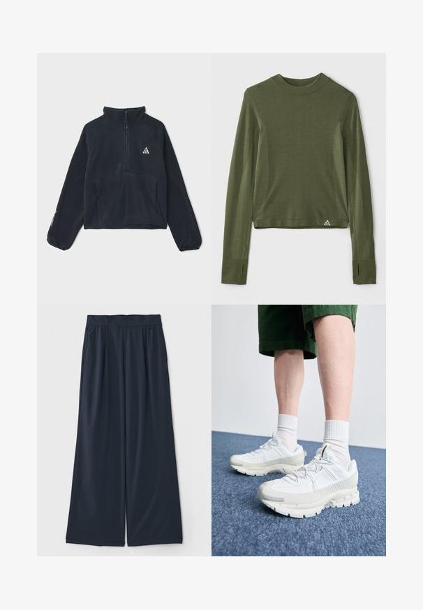 Mustlane fliisist pullover, millel on pooltõmbe kaelus, pikad raglan-siid, kaks esikotti ja kolmnurkne logo vasakul rinnal.; Tume rohelise värviga pikka varrukaga särk, millel on ümar kaelus, kaenlaaukude ja kroppide tekstuursetes aktsentides ning lühike hem. Sisaldab pöidlakuule.; Tumedat laiad püksid, mis on valmistatud pehmest kangast; sisaldavad elastset vöökohta ja kahte küljetaskut mugavuse tagamiseks.; Valged sportsijalatsid tekstuursete pealsete, kopsaka tallaga ja hallide aktsentidega. Kanda valgete lühikeste sokkidega ja roheliste lühikeste pükstega sinisel pinnal.