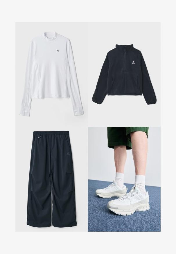 Fekete gyapjú pulóver fél cipzárral, hosszú raglánujjakkal, két elülső zsebbel és háromszög alakú logóval a bal mellen.; Fehér, hosszú ujjú póló magas nyakkivágással, kis fekete háromszög alakú logóval a mellkason és strukturált anyaggal.; Sötétkék, bő szárú nadrág, rugalmas derékkal, két oldalzsebbe és egy kis háromszög alakú logóra a bal oldalon. Simás szerkezet.; Fehér sportcipők texturált burkolattal, vastag talppal és szürke részletekkel. Fehér sportzoknival és zöld rövidnadrággal viselve, kék felületen.