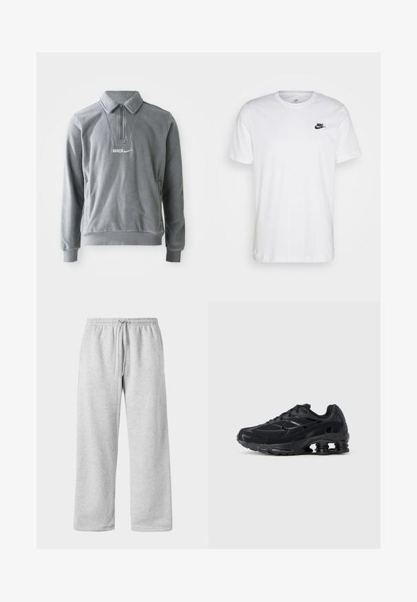 Grå fleece-pullover med halvmundzipper, krave og sidelommer. Har "BARCA" og Nike-logo i hvid søm. Struktureret overflade.; Hvid bomulds T-shirt med rund hals, korte ærmer og et sort Nike-logo på venstre bryst. Enkel, ensfarvet design.; Lys grå sweatpants med snøre i taljen, lavet af blød bomuldsblanding, med brede ben og en glat tekstur. Ingen synlige lommer.; Sort atletiksko med mesh-overdel, polstret krave og markant støddæmpningsteknologi ved hælen. Har teksturerede detaljer og snørebånd.