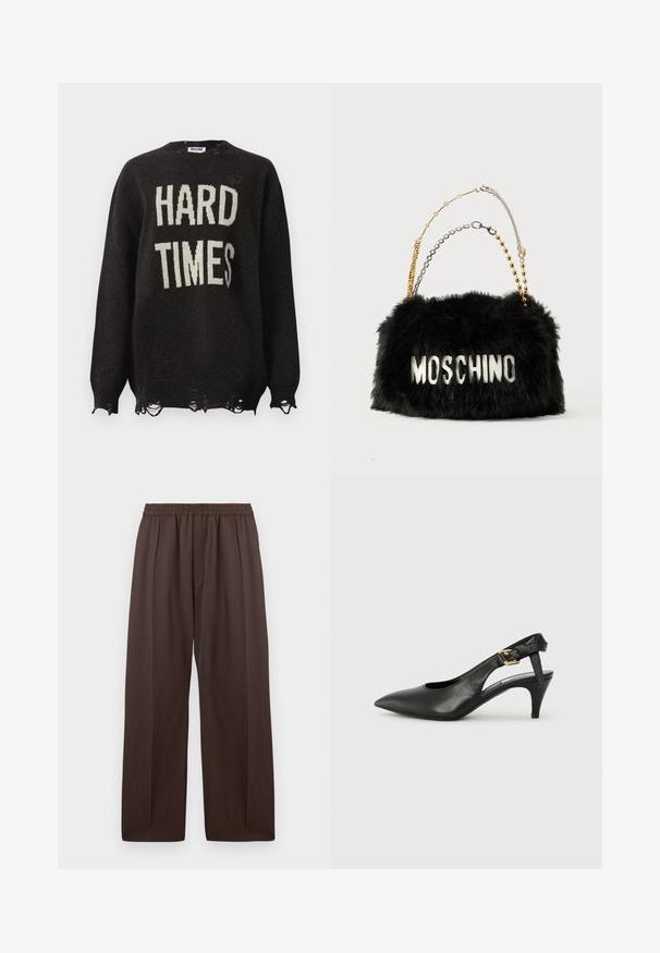 Črna pletena jopica z napisom "HARD TIMES" v barvi smetane, z obrabljenim robom in manšetami ter krožnim ovratnikom.; Rjave široke hlače z elastičnim pasom in diskretnimi sprednjimi gubami, razstavljene na belem ozadju.; Črne usnjene slingback pumpe z usnjatim vrhom, majhnim peto in sponko na trakcu okoli gležnja. Gladka tekstura, minimalistična zasnova.; Črna torbica iz umetnega krzna z zlatimi in srebrnimi verižnimi naramnicami. Na sprednji strani je napis "MOSCHINO" v belem. Ima mehko teksturo in pravokotno obliko.