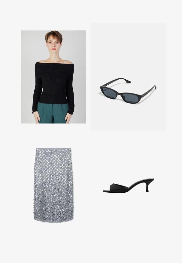 Black ribbed off-the-shoulder sweater with long sleeves, fitted design, and textured fabric. Paired with teal trousers.; Silver sequin pencil skirt featuring a textured surface, fitted shape, and a waistband at the top, designed for a sleek silhouette.; Black heeled mules with a wide, open toe and a curved upper. Made of textured fabric, featuring a slender heel and a smooth sole.; Black cat-eye sunglasses with dark lenses, plastic frame, slim temples, and subtle branding on the inner arm. Matte finish texture.
