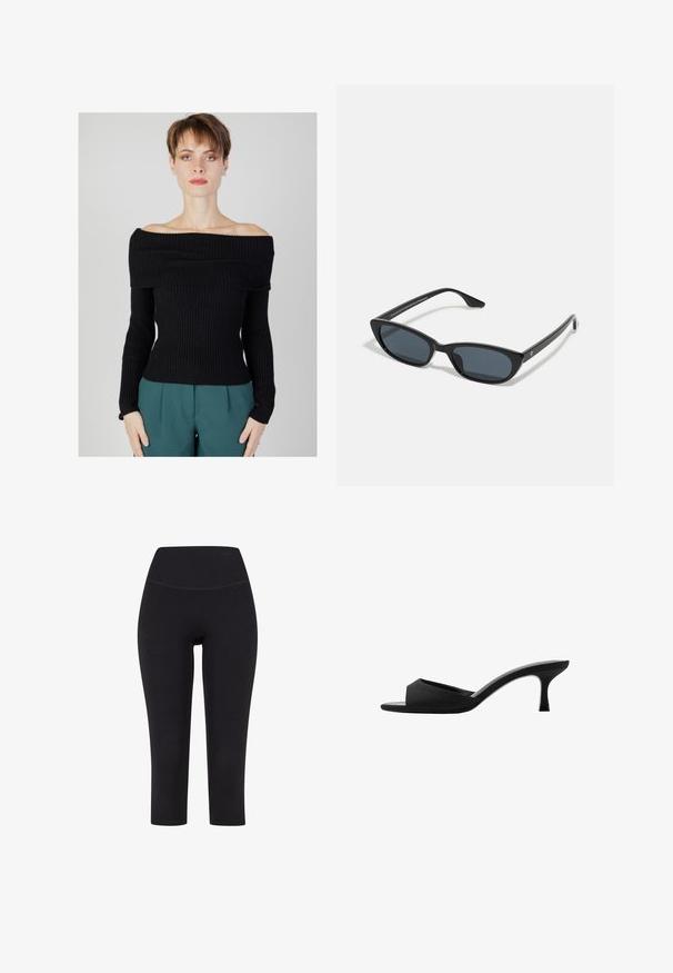 Svart ribbad off-shoulder tröja med långa ärmar, figurnära design och texturerad tyg. Matchas med tealbyxor.; Svarta trekvarts leggings i stretchigt material, med hög midja och utan synliga mönster eller beslag.; Svarta klackade mules med tår med bred öppen tå och en böjd överdel. Tillverkade av strukturerat tyg, med en slank klack och en slät sula.; Svarta kattögon-solglasögon med mörka linser, plastbåge, smala skalmar och subtil branding på den inre armen. Matt yta.