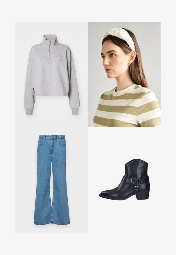 Szara, skórzana bluza z wysokim kołnierzem, półzsuwnym zamkiem i luźnymi rękawami. Posiada małe białe logo na piersi. Wykonana z miękkiego materiału.; Jasnoniebieskie dzwony z denimu, z wysokim stanem, pięcioma kieszeniami i zapięciem na jeden guzik. Miękka tekstura z wyblakłym wykończeniem.; Czarne skórzane botki za kostkę z wąskim noskiem i niskim blokowym obcasem, z ozdobnym paskiem z metalowymi akcentami i detalami zszycia.; Kremowa poduszka na głowę zziębniętym wzorem, zestawiona z beżową i białą koszulą w paski, z okrągłym dekoltem. Subtelne akcenty biżuteryjne.