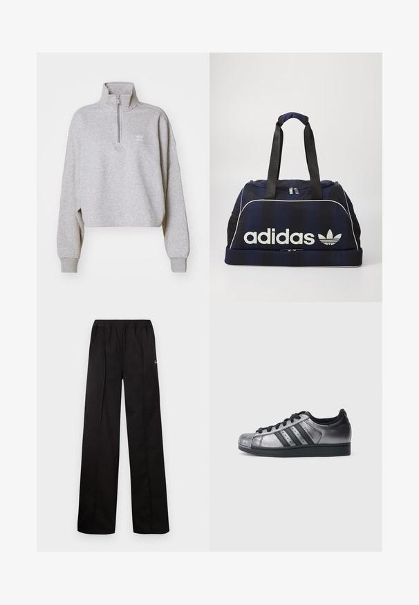 Grå kort sweatshirt med hög krage, halva dragkedjan och lösa ärmar. Har en liten vit logotyp på bröstet. Tillverkad av mjukt tyg.; Svarta byxor med vida ben och elastisk midja. Tillverkade av mjukt material med minimala detaljer, med en liten logotyp på ena sidan.; Svart och metalliskt silverfärgade sneakers med rundad tå, tre svarta ränder och texturerad ovandel. Svarta skosnören och gummisulor.; Marinblå duffelväska med vit Adidas-logga, med dragkedja i toppen, två robusta svarta handtag och sidofickor i nät. Slät tygtextur.