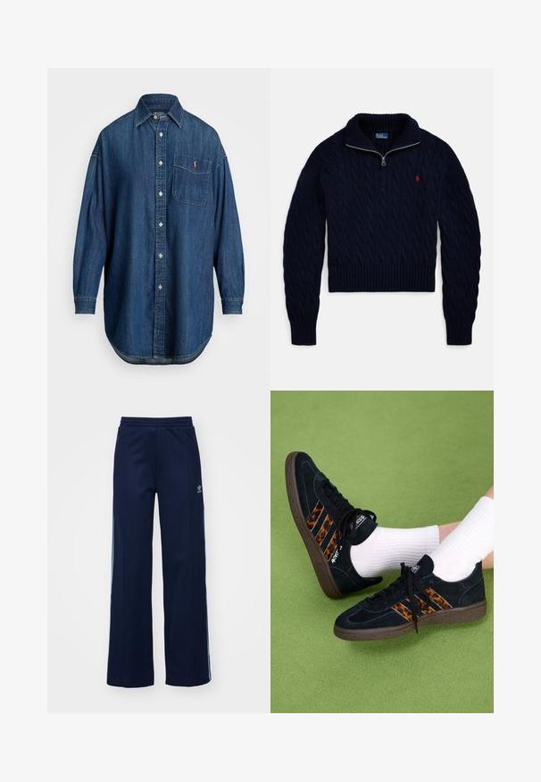 Pulover iz mornarsko modrega kablastega pletenja z ovratnikom na polovični zadrgi in rdečo izvezeno značko na levi strani prsnega koša.; Modra traper srajca z gumbi in dolgimi rokavi, sprednjim žepom in kontrastnim logotipom. Ima klasičen ovratnik in zaobljen rob.; Mornarsko-modri trenirki hlače iz bombažne mešanice s širokim krojem, elastičnim pasom in žepi na zadrgo, opremljene z belimi stranskimi črtami in logotipom.; Črne suede pohodne čevlje z leopardjim vzorcem na treh črtah in rjavimi gumijastimi podplati. Nosi se z belimi rebrastimi nogavicami na zeleni površini.