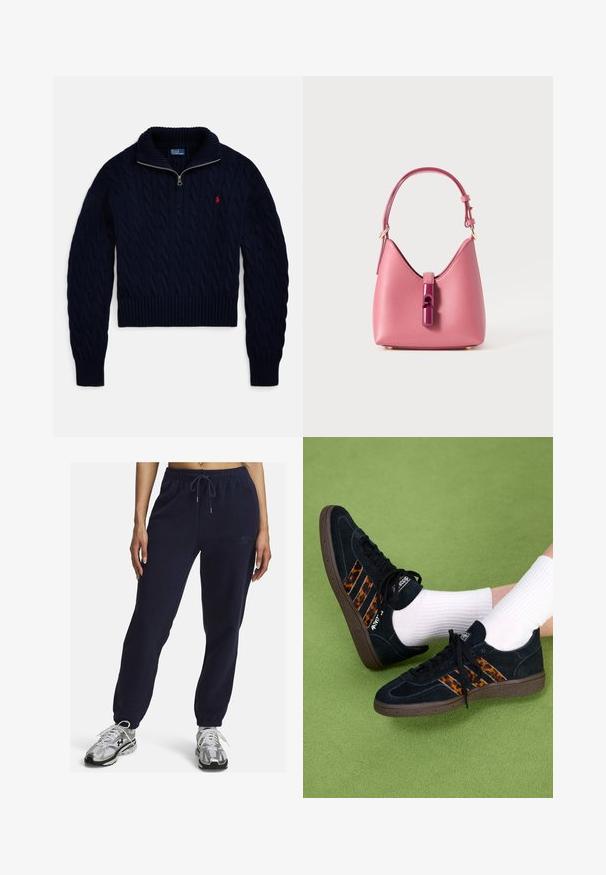 Navy blue cable-knit pullover sweater with half-zip collar and red embroidered logo on the left chest.; Navy blue fleece joggers with elastic waistband, drawstring, and cuffed ankles. Features a subtle embroidered logo on the side.; Black suede sneakers with leopard-print three stripes and brown rubber soles. Worn with white ribbed socks on green surface.; Pink leather handbag with a structured shape, featuring a glossy accent closure and a single adjustable strap. Textured finish with gold hardware.