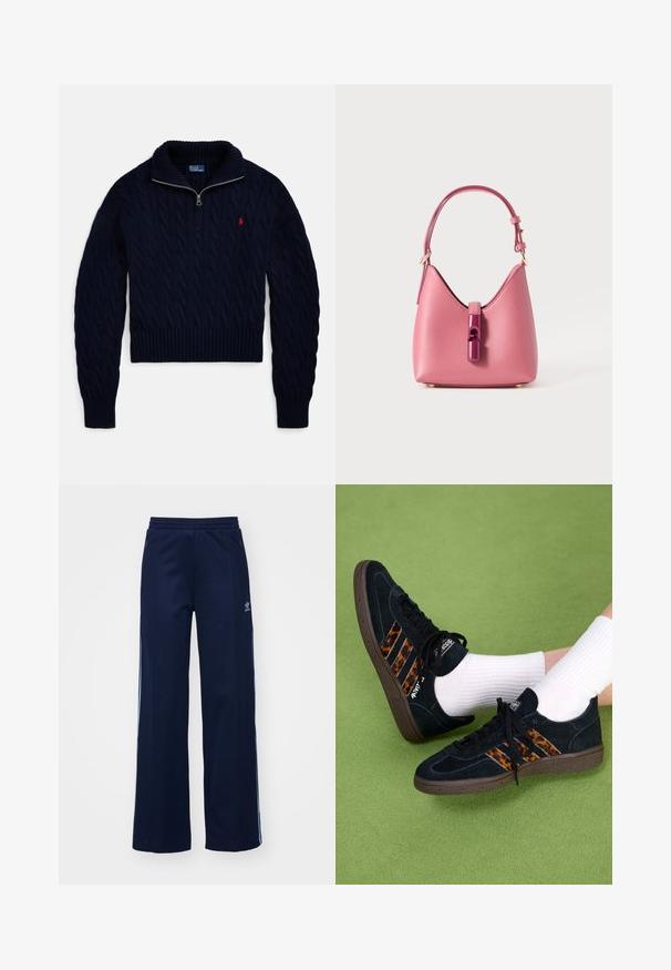 Tumši zils adīts džemperis ar puszipa apkakli un sarkanu izšūtu logo uz kreisās krūtis.; Tumši zili kokvilnas maisījuma treniņbikses ar plata kāju dizainu, elastīgu jostasvietu un rāvējslēdzēja kabatām, ar baltām sānu svītrām un logo detaļu.; Melnas zamša kedas ar leopardu raksta trim joslām un brūniem gumijas zolēm. Valkātas ar baltām ribotām zeķēm uz zaļas virsmas.; Rozā ādas rokassoma ar strukturētu formu, kurai ir spīdīga akcenta aizdare un viena regulējamā siksna. Tekstūrēts apdare ar zeltainiem aksesuāriem.