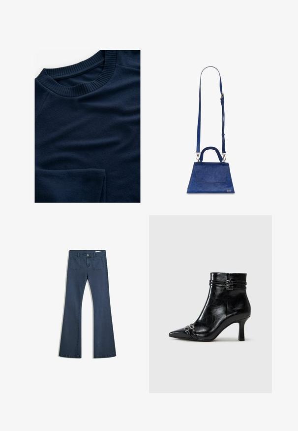 Felpa blu marina con collo a girocollo a costine e tessuto leggermente texture. Presenta un aspetto liscio e morbido, con design a maniche raglan.; Jeans in denim blu scuro a fiala con tasche cucite, chiusura con bottone e una texture liscia. Presenta un classico design a cinque tasche.; Tamaris Stivaletti con la zeppa - black; Borsa a tracolla blu in ecopelle con forma triangolare, manico superiore e tracolla regolabile. Presenta una texture liscia e un dettaglio sul risvolto anteriore.