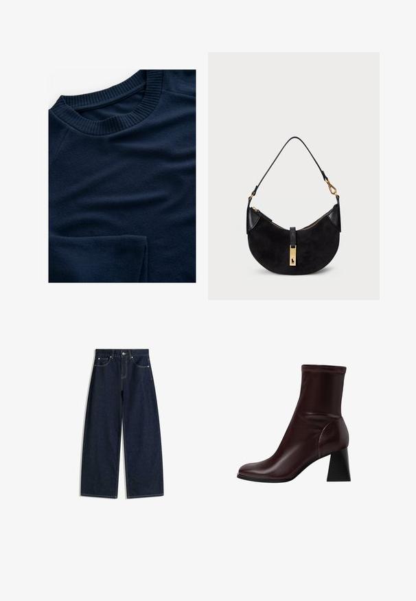 Navy blue sweatshirt with ribbed crew neck and slightly textured fabric. Features a smooth, soft appearance and a raglan sleeve design.; Dark blue wide-leg denim jeans with front pockets, button closure, and visible stitching on a white background.; Stradivarius BLOCK - Classic ankle boots - dark red; Black handbag with a curved shape, made of suede and leather, featuring a gold-tone zipper and a logo detail. Includes a short handle.