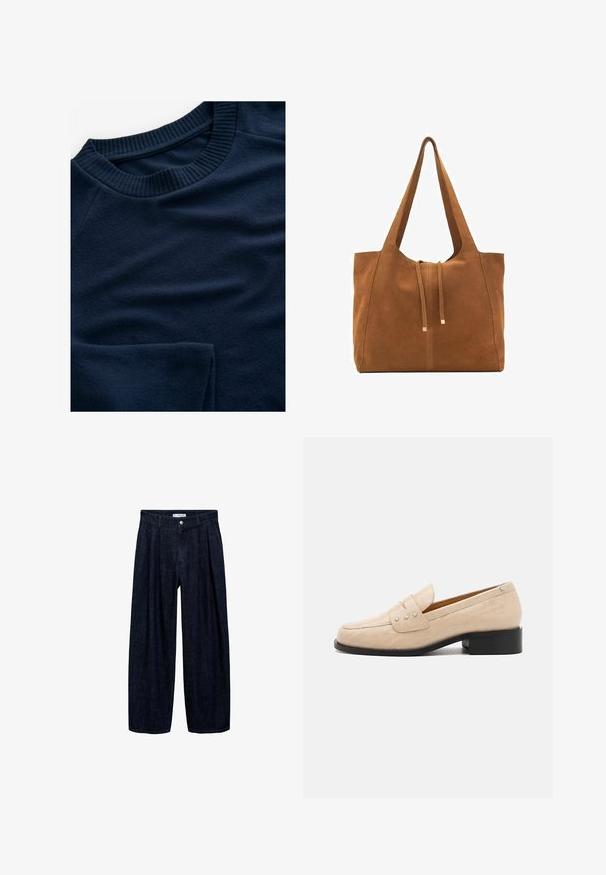 Tummansininen collegepaita, jossa on ribbireunus kauluksessa ja hieman teksturoitu kangas. Tämä paita tuo esiin sileän, pehmeän ilmeen ja raglan-hihasuunnittelun.; Tummansinisiä leveälahkeisia housuja, joissa on laskoksia vyötäröllä, etupainike ja vyön lenkit. Sujuva rakenne ja täyspitkä muotoilu.; Beige nahkakengät krokotiiliasteisella pinnalla, joissa on neliön muotoinen kärki ja kolme metallista tähteä päällä. Musta matala kanta.; Ruskea nubuk-olkalaukku, jossa on kaksi pitkää hihnaa, naru- ja minimalinen sulkemismekanismi. Tasainen pinta ja ei näkyviä metalliosia.