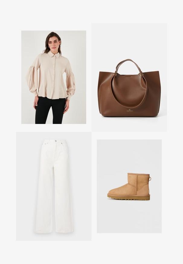 Kremkrāsas plecus atstājušais džemperis ar ribotu faktūru, savienots ar augsto vidukli melnu zamšādas svārku ar jostu un sānu akcentiem.; Bežs pogu krekls ar apkakli un plānām garajām piedurknēm. Gluda auduma ar brīvu piegriezumu, nodrošinot taisnu apakšmalu.; Baltās augstās platā džinsu bikses, kas izgatavotas no denima. Tām ir priekšējās kabatas, pogu aizdare un plīsumi apakšmalā.; Tan zābaki līdz potītei ar apaļu purngalu, ar izšūtiem rakstiem, ar cilpu aizmugurē un strukturētu gumijas zoli. Izstrādāti komfortam un siltumam.; Brūna ādas somiņa ar gludu tekstūru, lielām apaļām rokturiem, minimālisma dizains un logotips iepresēts apakšā.