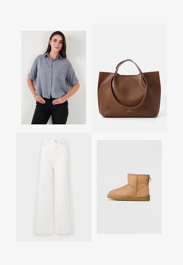 Kermanoff valkoinen neulepusero, jossa on uritettu pinta, yhdistettynä korkeavyötäröiseen mustaan mokkahameeseen, jossa on vyö ja sivupaneelit.; Harmaa lyhythihainen nappipaita, jossa on kaulus, yksi rintatasku ja rento istuvuus. Kankaan pinta näyttää sileältä ja kevyeltä.; Valkoiset korkeat leveälahkeiset farkut, jotka on valmistettu denimestä. Ominaisuuksiin kuuluvat etutaskut, nappikiinnitys ja repaleiset helmayksityiskohdat.; Ruskean mokkasandaalit pyöreällä kärjellä, ommelluilla yksityiskohdilla, takana vetotappi ja teksturoidulla kumipohjalla. Suunniteltu mukavuutta ja lämpöä varten.; Ruskea nahkainen kassi, jossa on sileä pinta, suuret pyöreät kahvat, yksinkertainen muotoilu ja logo painettuna pohjaan.