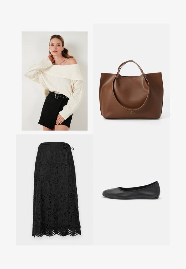 Kremkrāsas plecus atstājušais džemperis ar ribotu faktūru, savienots ar augsto vidukli melnu zamšādas svārku ar jostu un sānu akcentiem.; Melnā svārku ar sarežģītu mežģīņu apdari, ar viļņotu hemu un sasienamu aizdari jostasvietā. Izgatavota no viegla auduma.; Melna ādas baleta kurpe ar noapaļotu purngalu, gludu tekstūru, minimālu šuvju detalizāciju un elastīgu zoles dizainu.; Brūna ādas somiņa ar gludu tekstūru, lielām apaļām rokturiem, minimālisma dizains un logotips iepresēts apakšā.