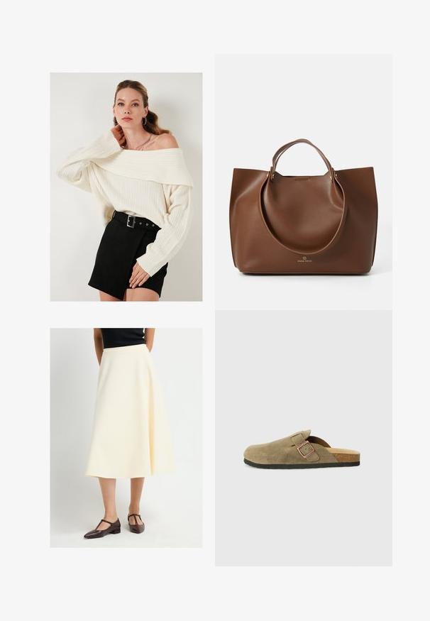 Cream off-shoulder knit sweater with ribbed texture, paired with a high-waisted black suede skirt featuring a belt and side accents.; Woman wearing a cream-colored midi skirt paired with dark brown T-strap low heel shoes, standing against a plain white background.; Suede clog-style slipper in olive green with a narrow strap and metal buckle detail. Features a cork footbed and black rubber sole.; Brown leather tote bag with a smooth texture, large circular handles, featuring minimalistic design and logo embossed at the base.